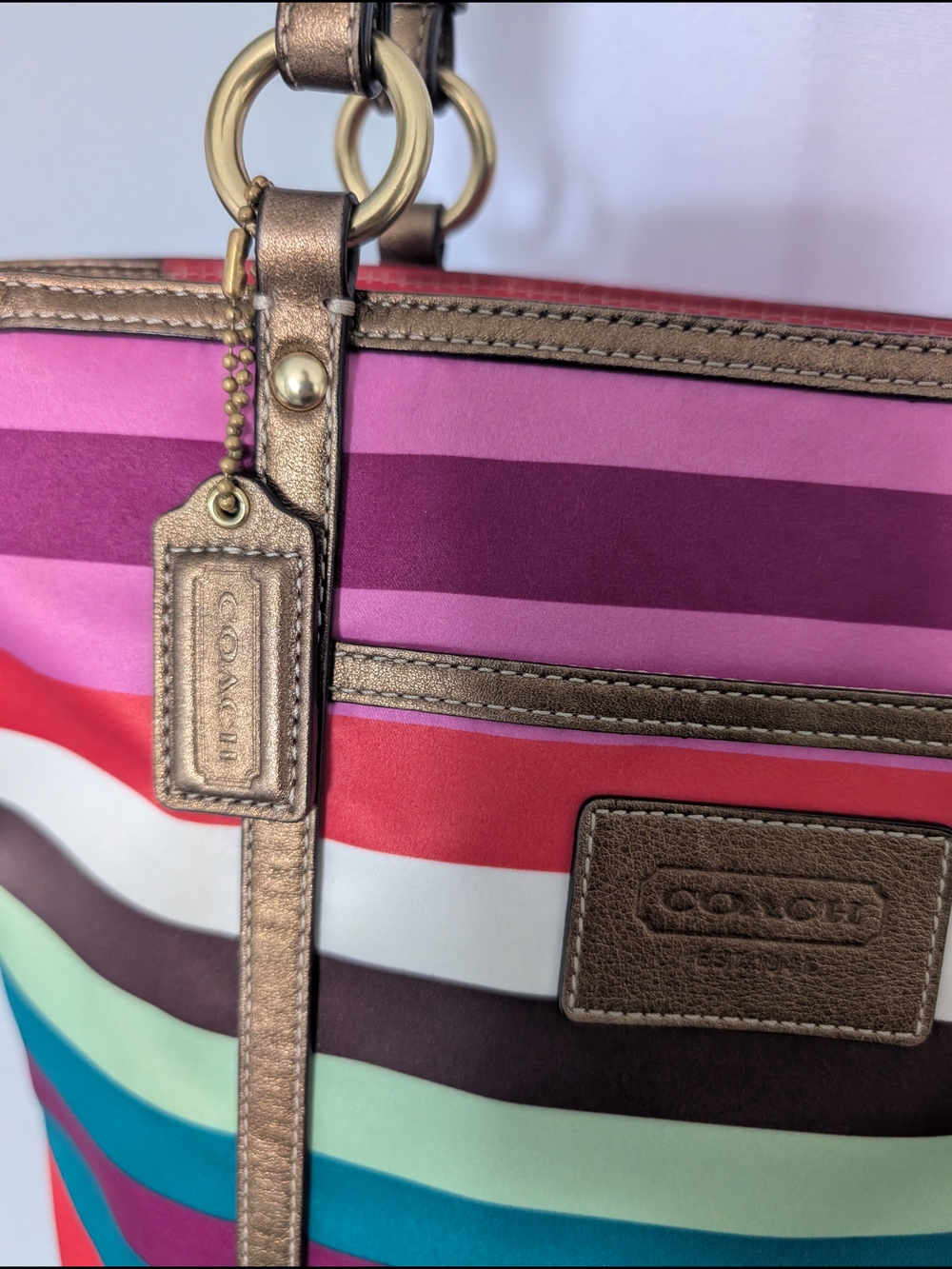 Coach Legacy Stripe Multicolored Sateen Tote with Metallic Leather Trim - Picture 3 of 9